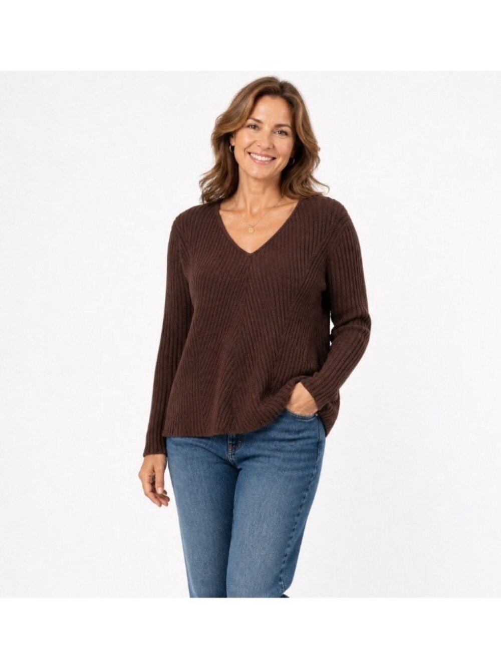 Womens  Long Sleeve Sweater XL Guide Series Brown Ribbed fisherman V neck